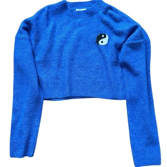 Sugar & Jade Tops - A177- Blue cropped sweater with embroidered yin yang design #cropped sweater